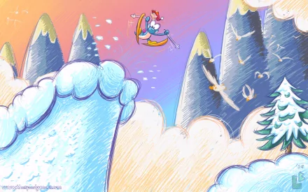 HD cartoon desktop wallpaper from Super Mario World 2: Yoshi's Island showing Yoshi skiing over snowy, cloud-topped mountains with pastel sky, pine trees and playful birds.
