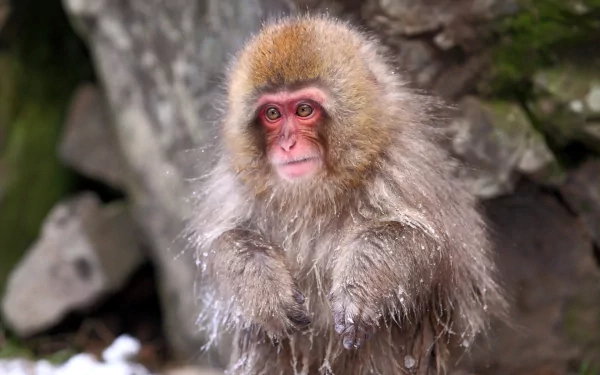 Close-up of a Japanese macaque, or snow monkey, with wet fur sitting against a rocky background in this HD animal desktop wallpaper.