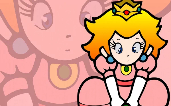 HD PC desktop wallpaper featuring Princess Peach from the video game Super Mario Brothers 2 with a soft pink background.