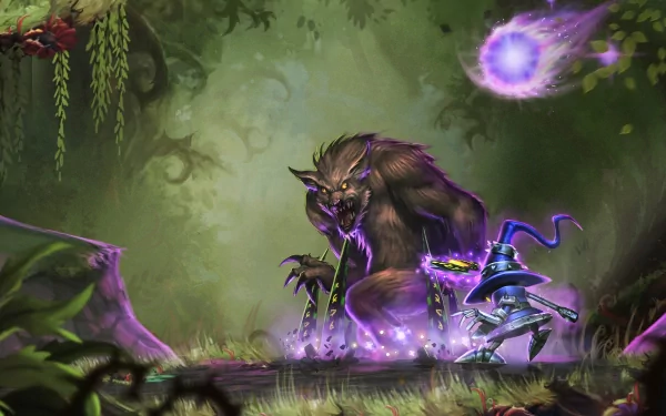 HD desktop wallpaper featuring Veigar from League of Legends, casting a spell against a formidable beast in a mystical forest setting, showcasing vibrant colors and dynamic action.