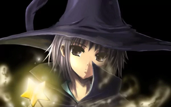 HD PC anime desktop wallpaper from The Melancholy of Haruhi Suzumiya: witch-costumed girl with short silver hair and wide hat, holding a glowing star wand against a dark, misty background.