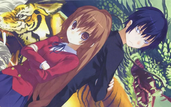 HD wallpaper featuring Taiga Aisaka and Ryuuji Takasu from the anime Toradora!, set against a backdrop of vibrant, mythical creatures.