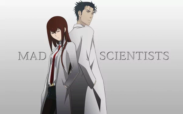 HD desktop wallpaper featuring Kurisu Makise and Rintaro Okabe from Steins;Gate. The characters stand back to back in lab coats with Mad Scientists text in the background.