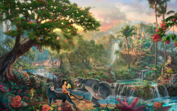 HD wallpaper from The Jungle Book (1967) movie, featuring a lush jungle scene with vibrant flowers, trees, and waterfalls, with characters Mowgli, Bagheera, and Baloo in the foreground.