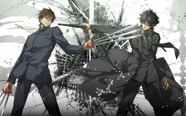 HD desktop wallpaper featuring Kiritsugu Emiya and Kirei Kotomine from the anime Fate/Zero, engaged in an intense standoff.