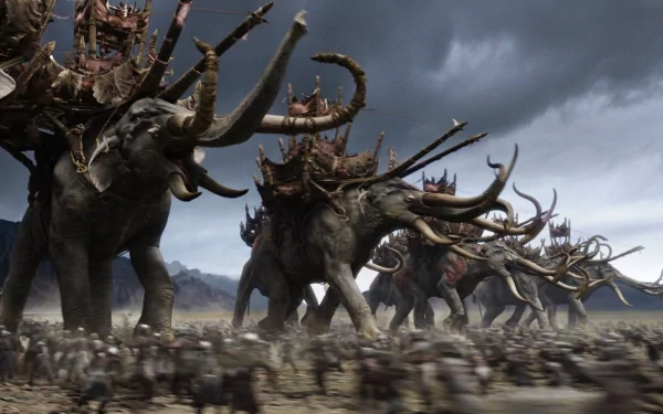 HD PC desktop wallpaper featuring a battle scene with massive war elephants from the movie The Lord of the Rings: The Return of the King.