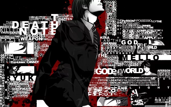 HD desktop wallpaper featuring an anime character from Death Note, surrounded by various text fragments and a dark, stylish background.