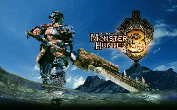 4K Ultra HD PC wallpaper: Monster Hunter 3 fantasy warrior wading in water, gripping a massive sword with mountains and sky behind him.