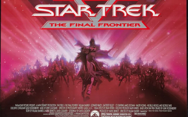 Star Trek V: The Final Frontier movie poster in vivid red-pink — silhouetted crew on horseback charging toward a radiant mountain/beam; HD PC desktop wallpaper background.