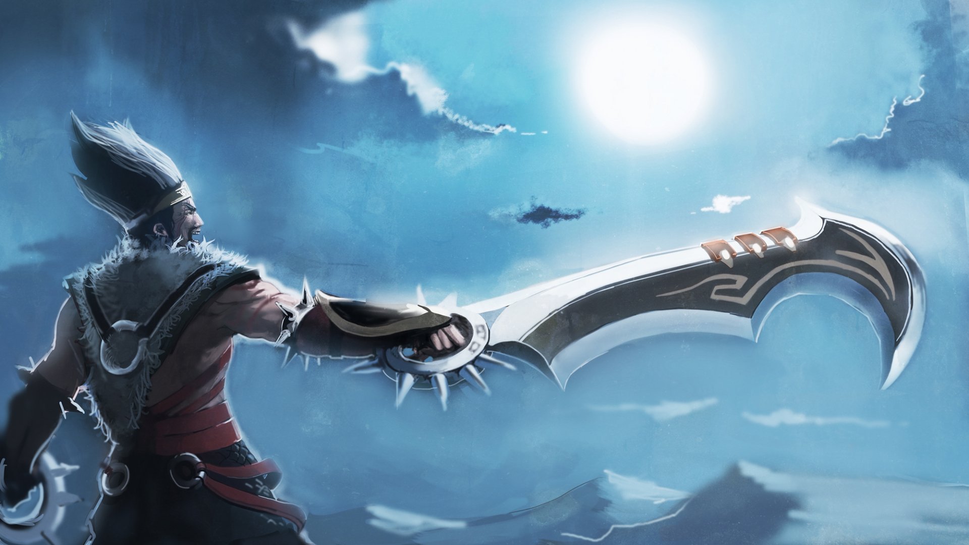 HD PC desktop wallpaper featuring Draven from League of Legends wielding his signature spinning axe under a bright sunlit sky.