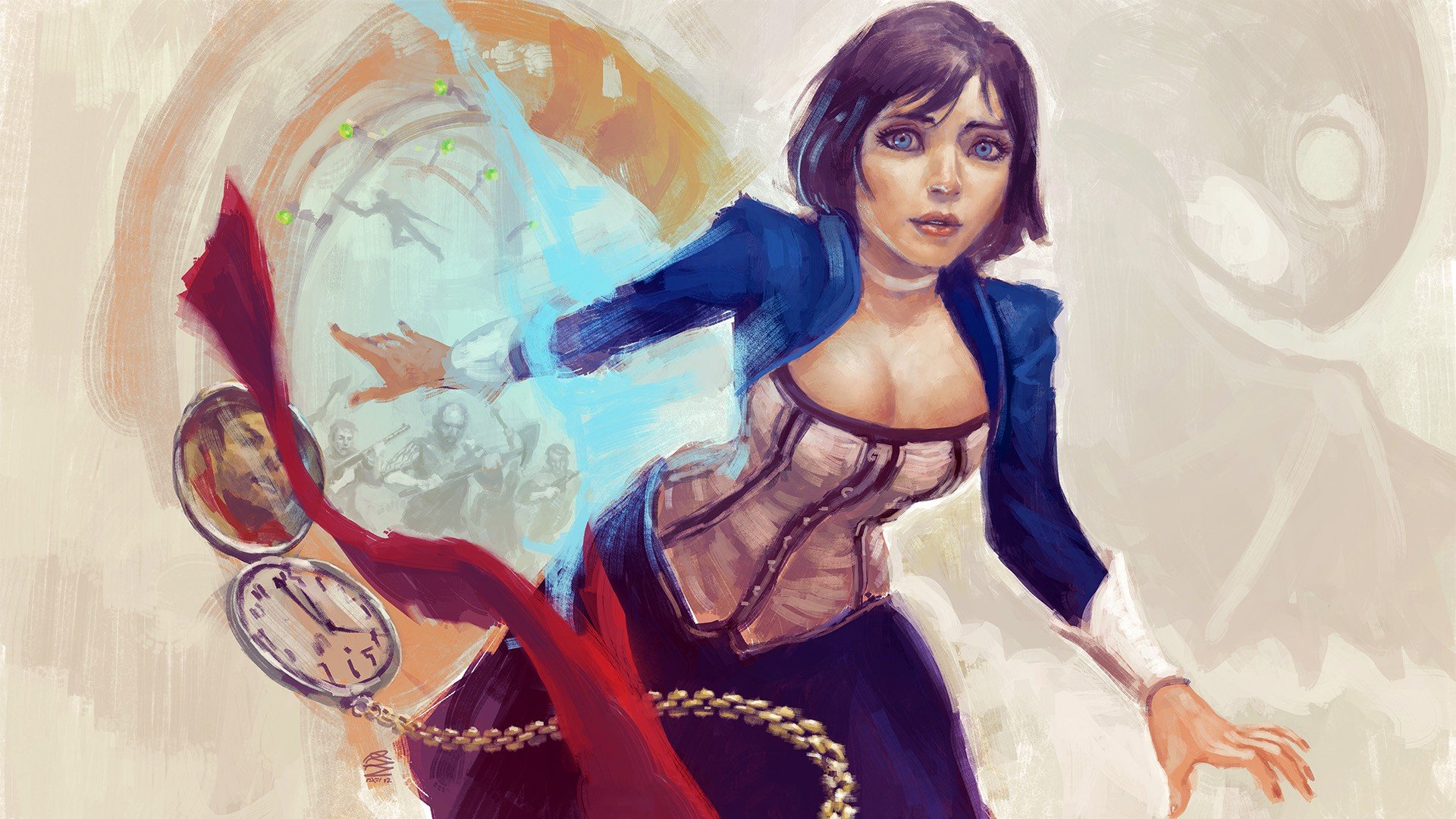 HD PC desktop wallpaper featuring character art from the video game Bioshock Infinite, blending fantasy elements with iconic Bioshock imagery.