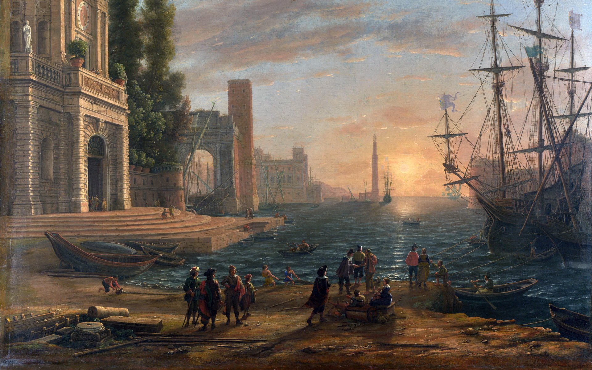 Artistic painting of a historic harbor scene with ships, figures, and grand architecture, rendered in high detail as an HD PC desktop wallpaper and background.