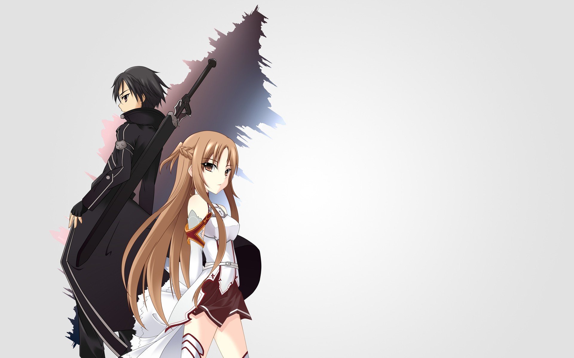 HD PC desktop wallpaper featuring Kirito and Asuna from the anime Sword Art Online, showcasing the iconic characters in a dynamic pose.