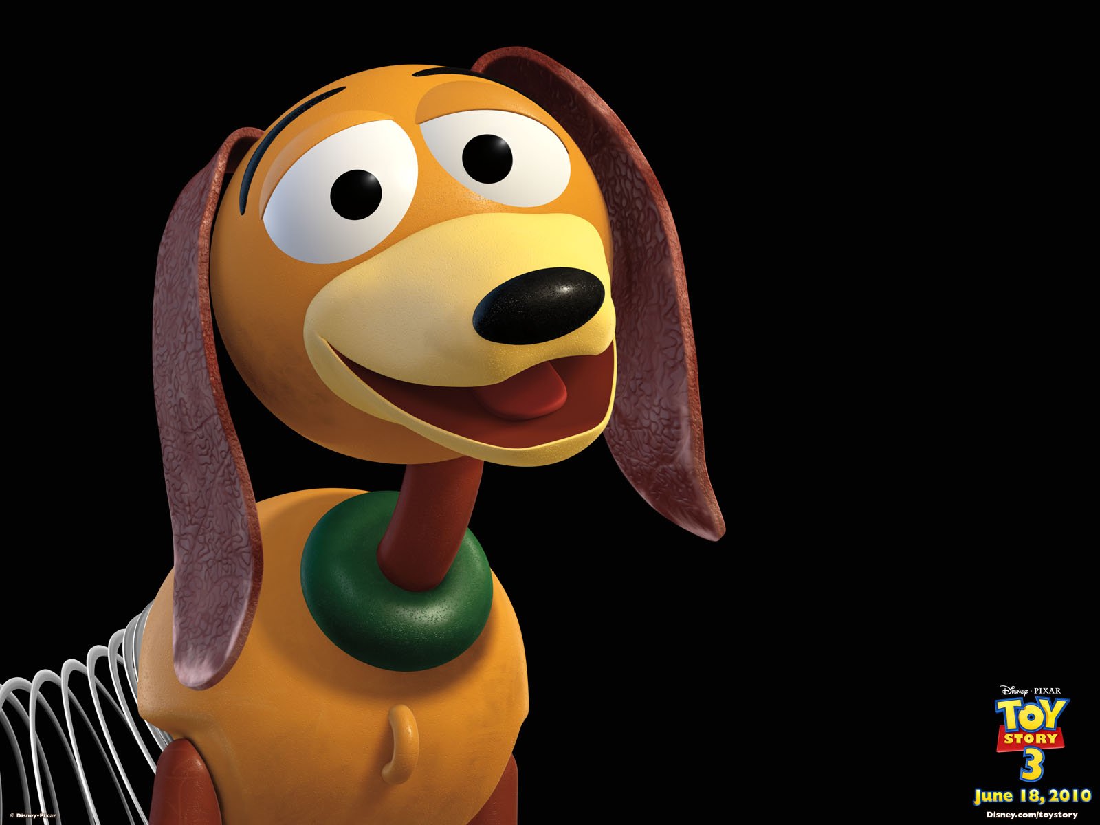 HD PC desktop wallpaper: animated Slinky Dog from Toy Story 3 smiling against a black background.