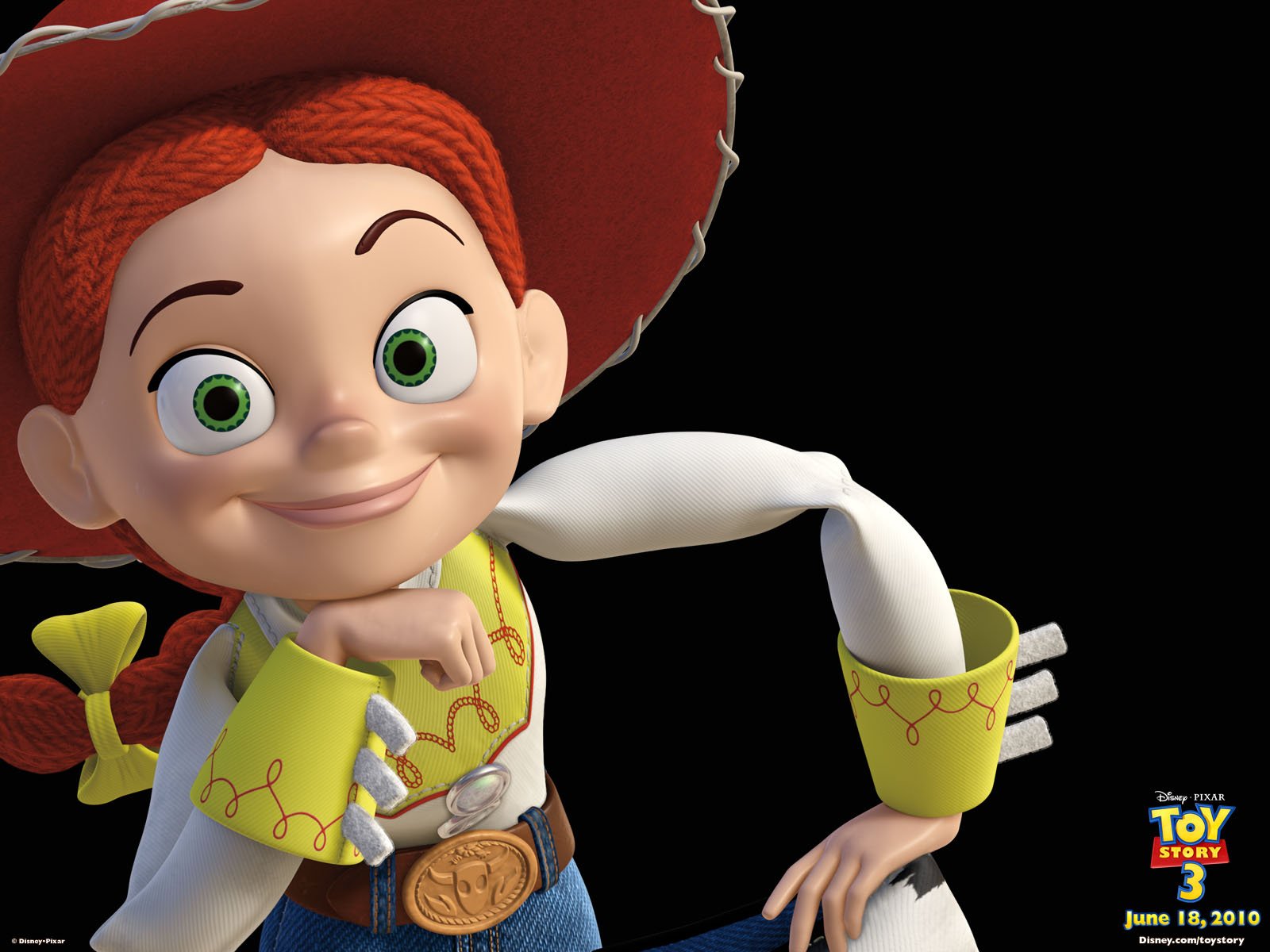 HD PC desktop wallpaper featuring Jessie, the animated character from the movie Toy Story 3, smiling confidently against a dark background.
