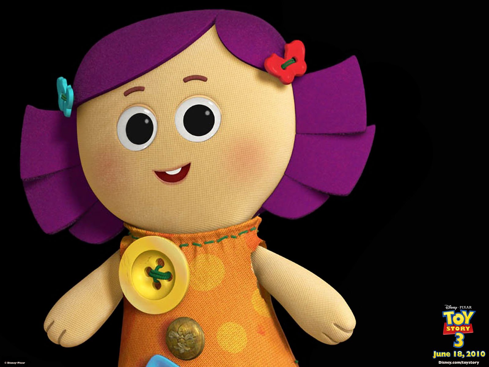 HD PC desktop wallpaper of a bright Toy Story 3 doll character — round-faced fabric toy with purple hair, button dress and cheerful smile on a black background.