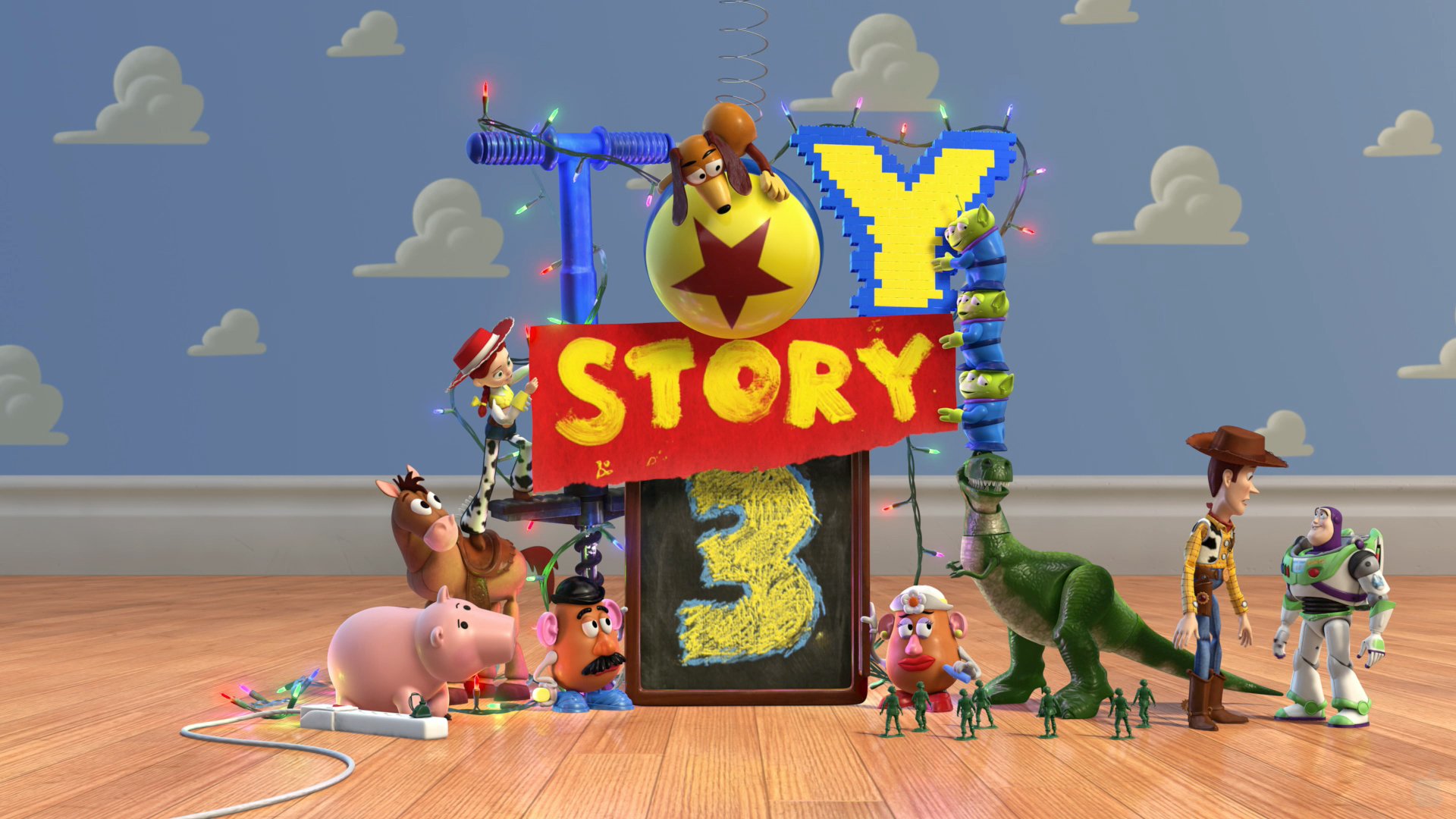 HD PC desktop wallpaper featuring Pixar's Toy Story 3 characters and logo in a colorful animated scene from the movie.