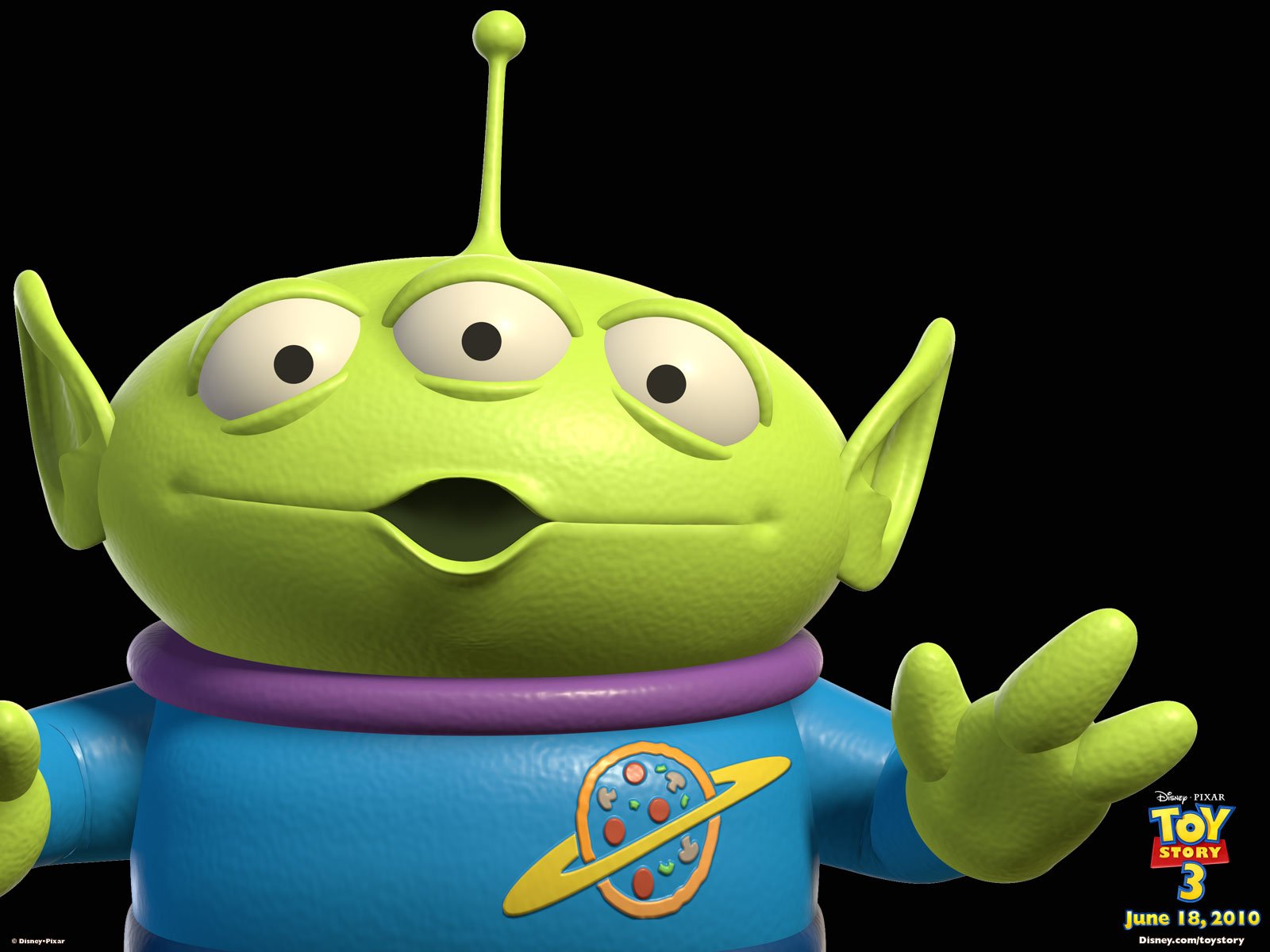 HD PC desktop wallpaper of the three-eyed green alien character from Toy Story (featured in Toy Story 3), reaching out against a black background.