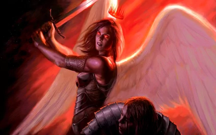 HD PC desktop wallpaper featuring a man-made Magic: The Gathering character with glowing eyes, wielding a sword and radiant white wings against a fiery background.