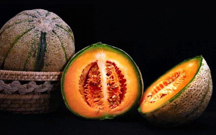 HD desktop wallpaper featuring a whole cantaloupe melon and two melon halves showcasing the vibrant orange flesh against a black background.