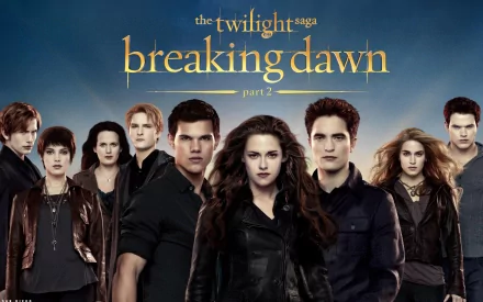 A high-definition wallpaper featuring the main characters from The Twilight Saga: Breaking Dawn - Part 2, including Jacob Black, Edward Cullen, and Bella Swan.