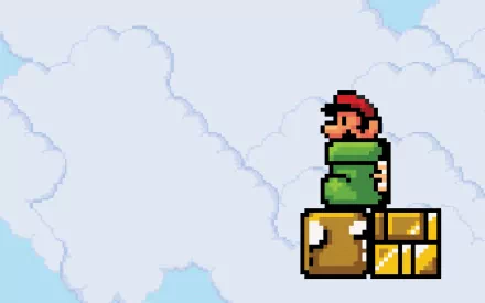 HD PC desktop wallpaper showing pixel-art Mario from Super Mario Bros. 3 standing on stacked question and brick blocks against a cloudy sky — retro Super Mario video game background.