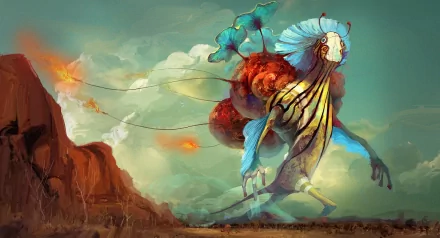 HD fantasy PC desktop wallpaper featuring a vibrant, otherworldly creature with colorful wings and an intricate, surreal design against a dramatic sky and rocky landscape.