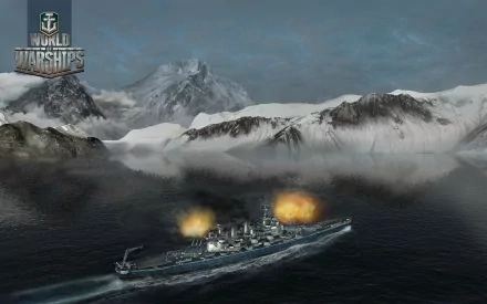 HD PC desktop wallpaper showing a World of Warships video game scene with a battleship firing amid foggy, mountainous coastal waters under a cloudy sky.