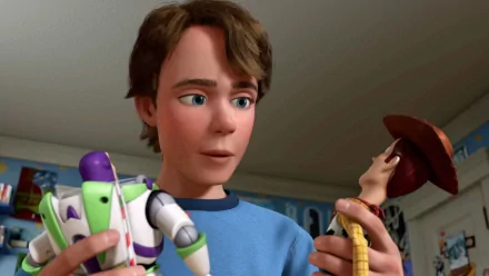 A scene featuring Andy from Toy Story holding Woody and Buzz Lightyear toys, capturing the essence of childhood imagination and nostalgia from the beloved movie.