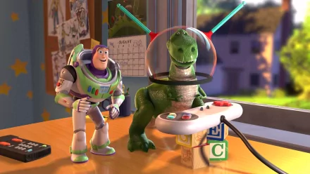 Buzz Lightyear and Rex from Toy Story interact playfully in a colorful room, showcasing a moment of friendship and fun, capturing the charm of Pixar's beloved characters.