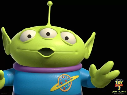 HD PC desktop wallpaper of the three-eyed green alien character from Toy Story (featured in Toy Story 3), reaching out against a black background.