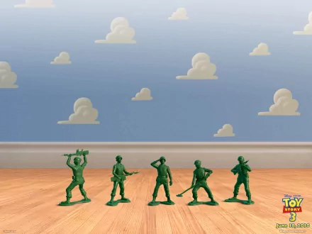 HD desktop wallpaper featuring green army men from Toy Story 3 against a classic blue sky with white clouds, inspired by the Toy Story movie series.