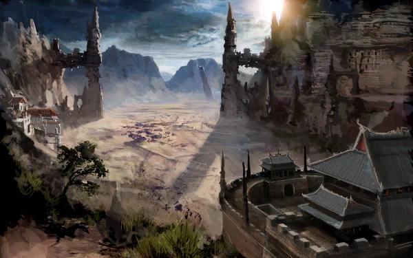 A dramatic fantasy landscape featuring ancient fortress ruins and towering spires under moody skies, designed as an HD PC desktop wallpaper and background.