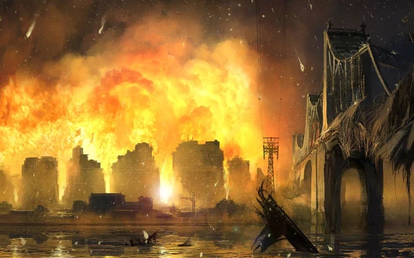 HD PC desktop wallpaper depicting a sci-fi apocalyptic city skyline engulfed in massive fire and smoke, with a damaged bridge in the foreground under a dark sky.