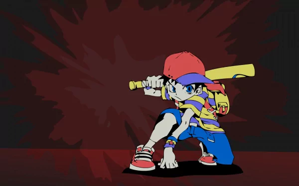 HD desktop wallpaper featuring an anime-style character from the video game Earthbound, poised to swing a baseball bat against a dark, dynamic background.