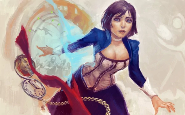 HD PC desktop wallpaper featuring character art from the video game Bioshock Infinite, blending fantasy elements with iconic Bioshock imagery.