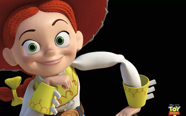 HD PC desktop wallpaper featuring Jessie, the animated character from the movie Toy Story 3, smiling confidently against a dark background.