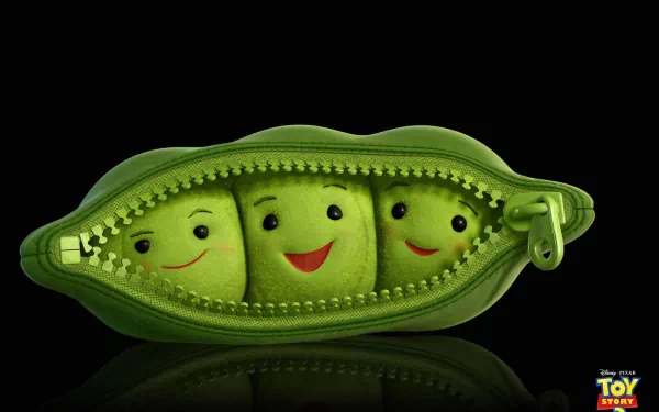 HD desktop wallpaper featuring three smiling green peas inside a zippered pod, inspired by the Toy Story 3 movie toys.