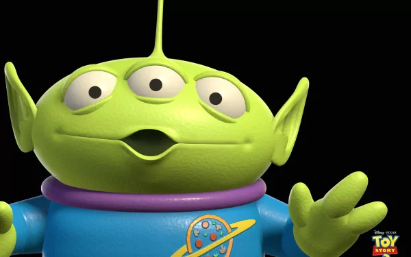 HD PC desktop wallpaper of the three-eyed green alien character from Toy Story (featured in Toy Story 3), reaching out against a black background.
