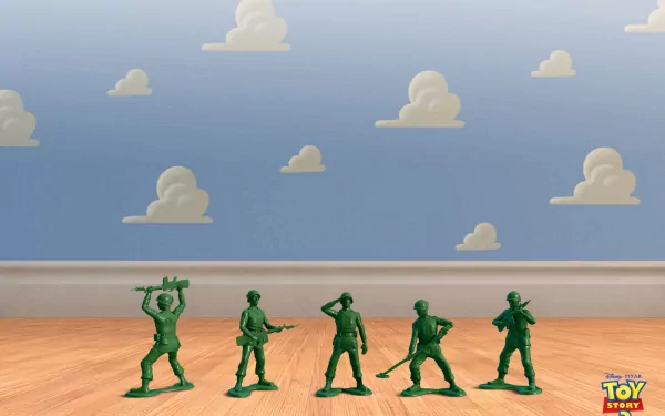 HD desktop wallpaper featuring green army men from Toy Story 3 against a classic blue sky with white clouds, inspired by the Toy Story movie series.