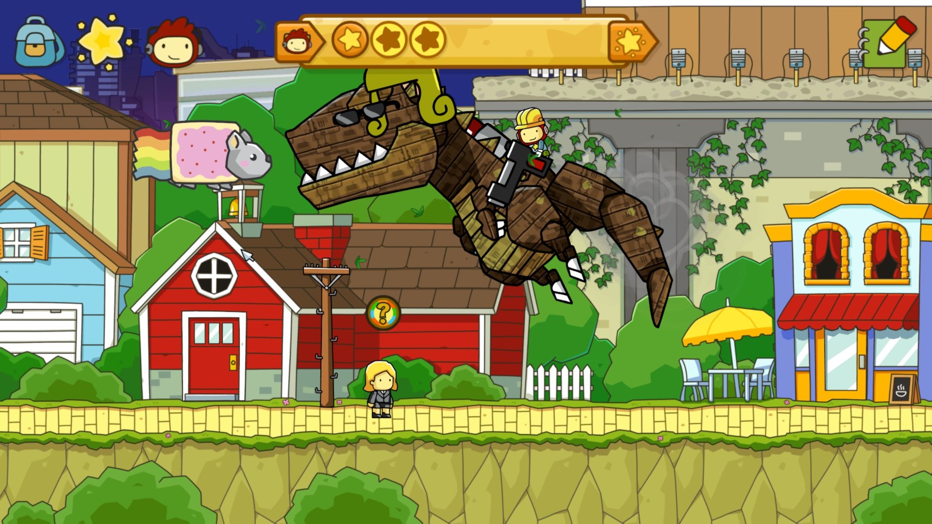 HD desktop wallpaper from Scribblenauts Unlimited featuring a character riding a flying dinosaur above a colorful game scene.