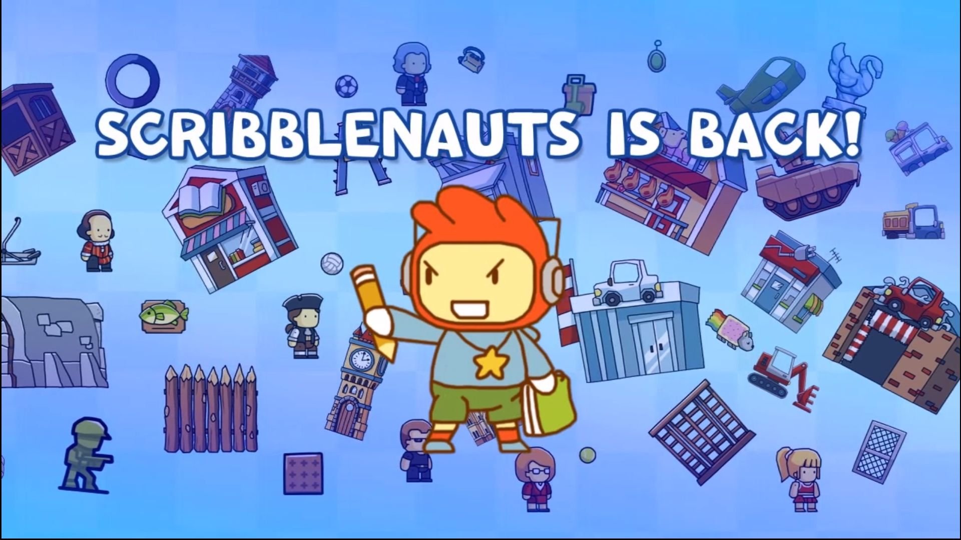 HD Scribblenauts Unlimited desktop wallpaper featuring the character Maxwell amidst whimsical drawn objects with the text SCRIBBLENAUTS IS BACK!