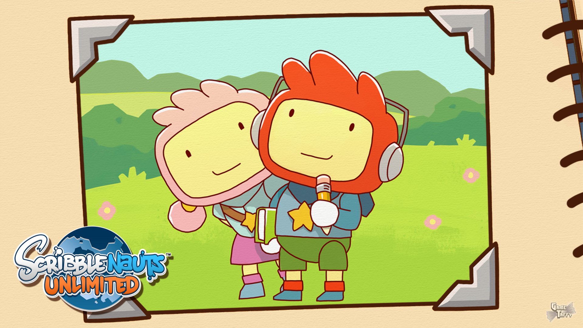 HD desktop wallpaper from Scribblenauts Unlimited featuring two animated characters happily posing together.