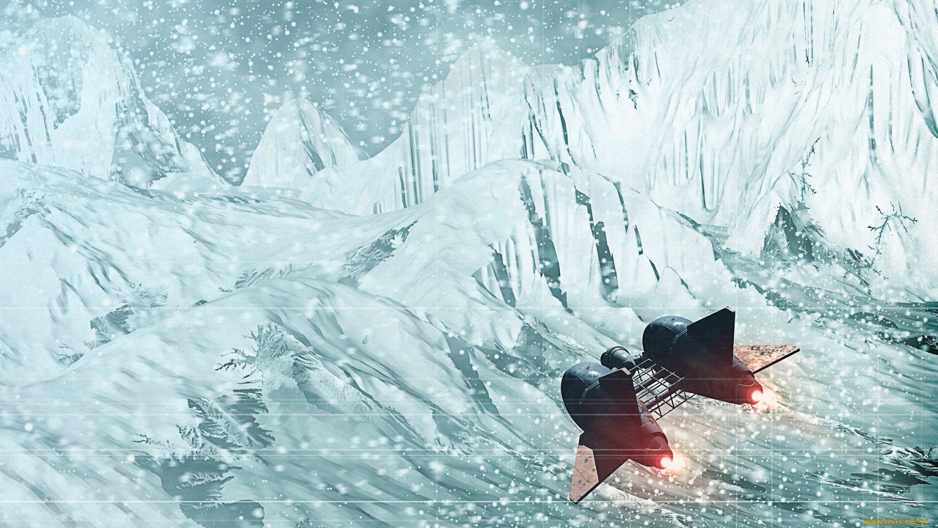 Sci-Fi spaceship skimming a jagged frozen landscape amid snow flurries, engine thrusters glowing — HD PC Desktop Wallpaper and Background