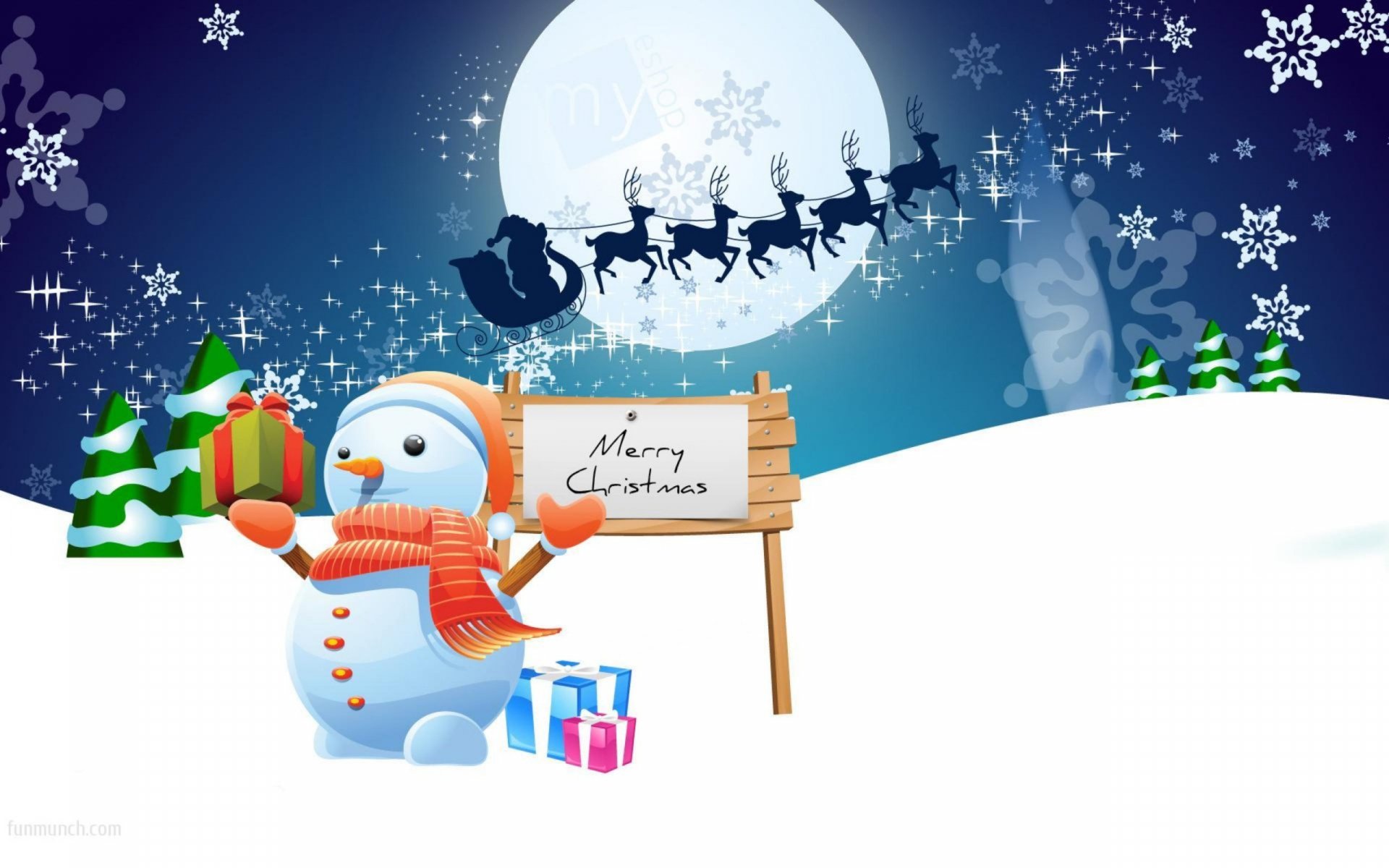 HD Christmas desktop wallpaper showing a snowman with gifts beside a Merry Christmas sign, snowy trees, and a reindeer sleigh silhouette flying across a bright full moon.