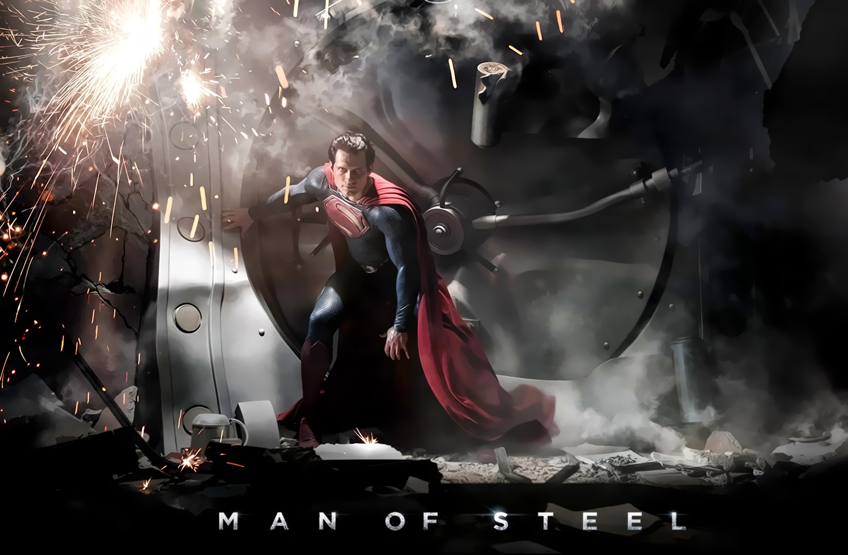 HD PC desktop wallpaper from the Man of Steel movie: Superman in a torn suit and red cape bursting through a vault door amid sparks, smoke, and flying debris.