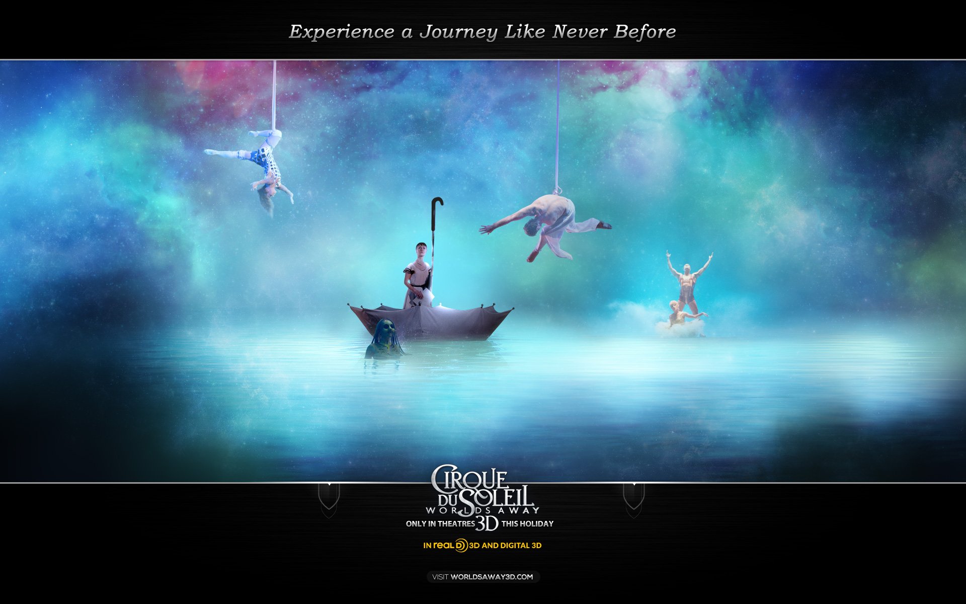 HD desktop wallpaper inspired by Cirque du Soleil: Worlds Away movie — acrobats suspended above mist around a lone boat in luminous teal and purple, cinematic poster-style scene.