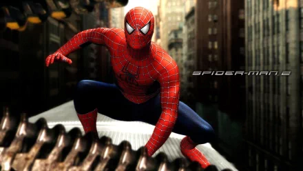HD PC desktop wallpaper featuring Spider-Man in an action pose from the movie Spider-Man 2, set against a cityscape background.