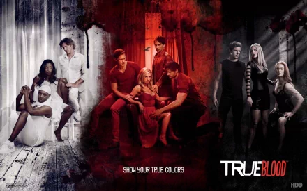 A striking HD wallpaper from the TV show True Blood, featuring a dramatic arrangement of characters against a dark, moody backdrop that captures the series' intense atmosphere.
