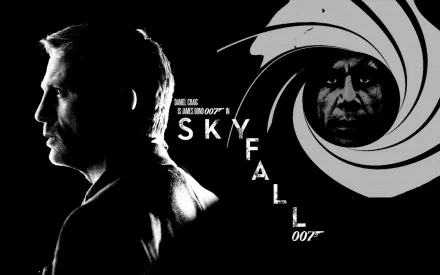 HD PC desktop wallpaper featuring Daniel Craig as James Bond and Javier Bardem as Raoul Silva from the movie Skyfall in a dramatic black-and-white design.